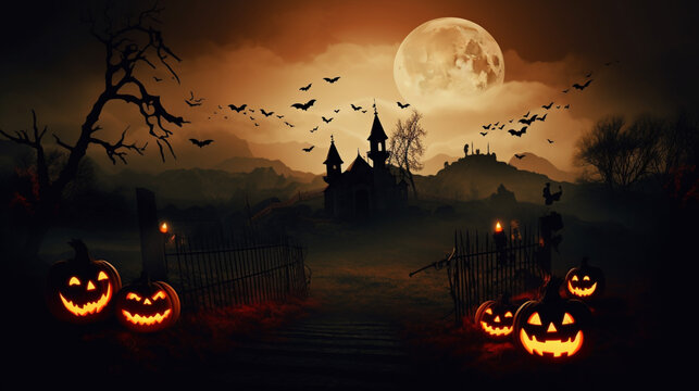 halloween scene horror background with creepy pumpkins of spooky halloween haunted mansion Evil houseat night with full moon, Generative AI.