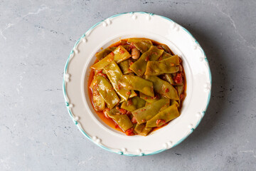 Traditional delicious Turkish food; Green beans with olive oil; Turkish name; Zeytinyagli taze fasulye