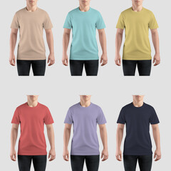 Wall Mural - Mockup of yellow, violet, dark blue, tan, nude, red, turquoise t-shirt on sports guy, for design, branding, commerce, front view. Set