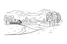 Rural Landscape With Road And Tree. Hand Drawn Illustration Converted To Vector.