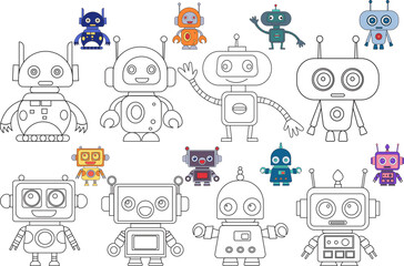 Wall Mural - set robot coloring book isolated, vector