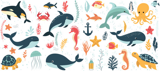 marine life set, whale, fish, dolphin isolated, vector