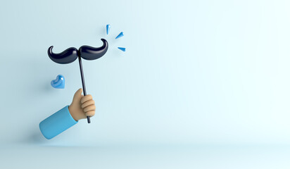 Wall Mural - Hand holding mustache on a stick on blue background, Happy Father’s Day,  Prostate cancer awareness month, 3d rendering illustration