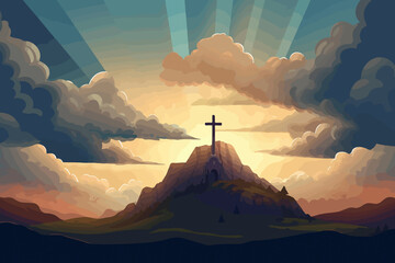cartoon illustration of a sky over golgotha hill is shrouded in majestic light and clouds revealing the holy cross symbol