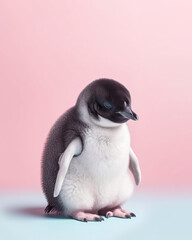 Wall Mural - Animal creative minimal portrait of a small cute animal on a pastel background. Cute little baby penguin. Illustration, Generative AI.