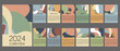 Abstract calendar 2024 with trendy muted colors spots. Cover and 12 monthly pages isolated on grey background. With place for notes. Week starts on Monday, A3 A2 A6, A4 formats. Vertical calendar.