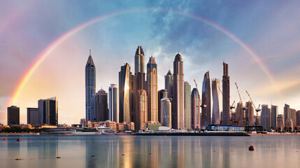 Wall Mural - Rainbow over Dubai skyline Marina, United Arab Emirates