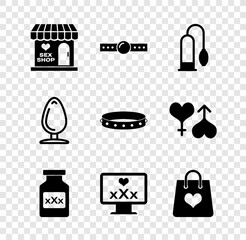 Poster - Set Sex shop building, Silicone ball gag, Penis pump, Bottle with pills for potency, Monitor 18 plus content, Shopping bag heart, Anal plug and Leather fetish collar icon. Vector