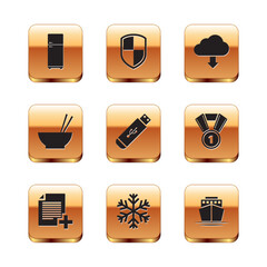 Sticker - Set Refrigerator, Add new file, Snowflake, USB flash drive, Bowl with chopsticks and Cloud download icon. Vector