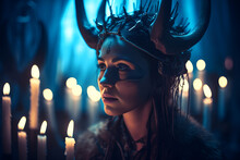 Futuristic Woman Terror, Candles, Horns, Animal Teeth ,backlight, Photo Taken By Canon, Photo Taken By Fuji, Photo Taken By Kodak , Incredibly Detailed, Sharpness