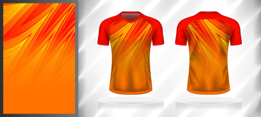 Wall Mural - Vector sport pattern design template for V-neck T-shirt front and back with short sleeve view mockup. Shades of red-orange-yellow color gradient abstract line texture background illustration.