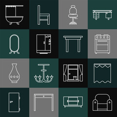 Poster - Set line Armchair, Curtains, Oven, Office, Shower cabin, Big full length mirror, Bathtub with shower curtain and Wooden table icon. Vector