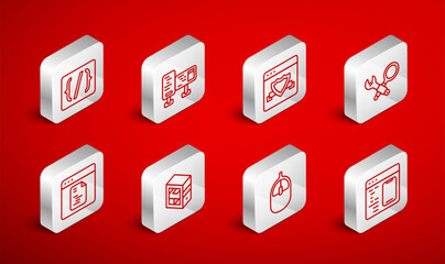 Set line Software, Computer monitor screen, Browser with shield, Debugging, mouse, Programming language syntax, and icon. Vector
