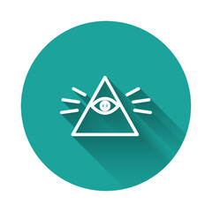 Sticker - White line Masons symbol All-seeing eye of God icon isolated with long shadow. The eye of Providence in the triangle. Green circle button. Vector Illustration