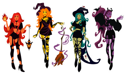 Wall Mural - A set of beautiful young witches, colored witches. Green, yellow, purple and red witch. Halloween costume concept. Modern vector illustration, hand-drawn. Templates of posters stickers for the holiday