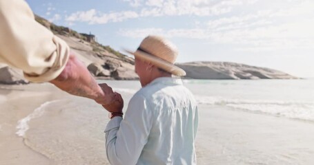 Canvas Print - Senior couple, running and holding hands on beach while laughing on summer vacation or holiday. Old man and woman together at sea for love, care and fun or happiness outdoor for travel in retirement