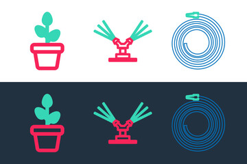 Wall Mural - Set line Garden hose or fire hose, Flowers in pot and Automatic irrigation sprinklers icon. Vector