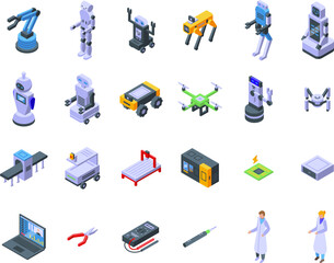 Robotic systems engineer icons set isometric vector. Software coding. Computer brain
