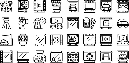 Wall Mural - Cinema in the car icons set outline vector. Open air. Outdoor cinema