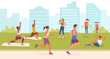 Set Of Cartoon Characters Of Young People Doing Sports Outdoor. Concept Of Healthy And Active Lifestyle. Boosting Confidence With Sports And Workouts. Regular Physical Activity. Vector
