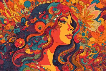 Wall Mural - Psychedelic vector illustration. Concept Summer Of love 1969. Generative AI