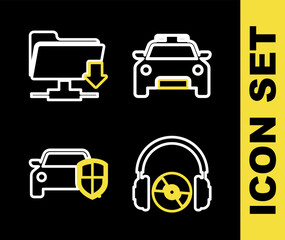 Sticker - Set line Police car and flasher, Headphones CD or DVD, Car protection insurance and FTP folder download icon. Vector