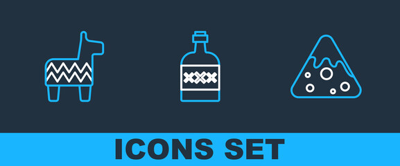 Sticker - Set line Nachos, Pinata and Tequila bottle icon. Vector