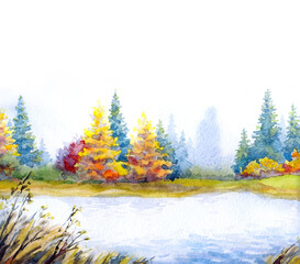 Wall Mural - Autumn forest by the lake. Watercolor landscape