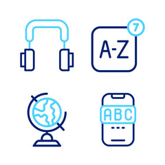 Sticker - Set line Foreign language online study, Earth globe, Online translator and Headphones icon. Vector