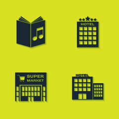 Wall Mural - Set Audio book, Hotel building, Supermarket and icon. Vector