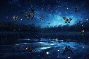 Wall Mural - night landscape with butterflies, moon, and stars. generative ai.