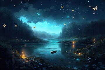 Wall Mural - night landscape with butterflies, moon, and stars. generative ai.