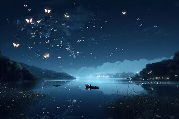 Wall Mural - night landscape with butterflies, moon, and stars. generative ai.