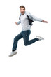 © opolja - Full-length photo of funny man in casual t-shirt, blazer and jeans running or jumping in air isolated over transparent background