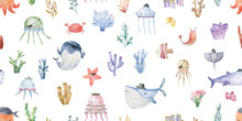 Seamless Pattern With Shark, Fish And Jellyfish. Cute Baby Print. Design For Textiles, Decor And Paper. Watercolor Seamless Pattern With Underwater World, Fish, Whale, Shark, Dolphin, Starfish, Jellyf