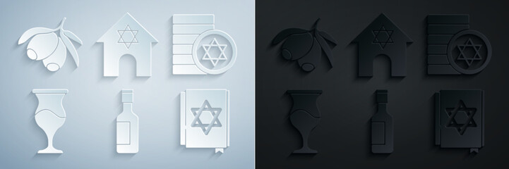 Wall Mural - Set Jewish wine bottle, coin, goblet, torah book, synagogue and Olives branch icon. Vector