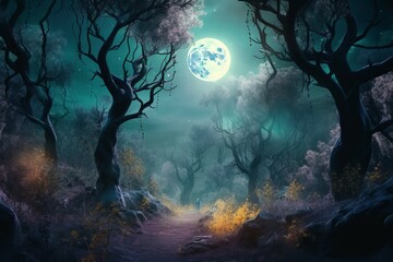Wall Mural - Forest night in magic moon. Generate Ai