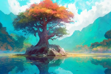 Wall Mural - River land with big tree. Generate Ai