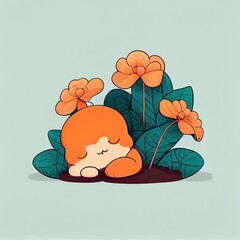 Canvas Print - cute begonia flower cartoon character sleeps, cartoon style, modern simple illustration, created with generative ai