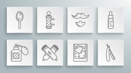 Sticker - Set line Aftershave, Crossed electrical hair clipper or shaver, Glass of whiskey and ice cubes, Straight razor, Mustache beard, bottle with pipette and Hand mirror icon. Vector