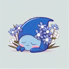 Poster - cute bluebell flower cartoon character sleeps, cartoon style, modern simple illustration, created with generative ai