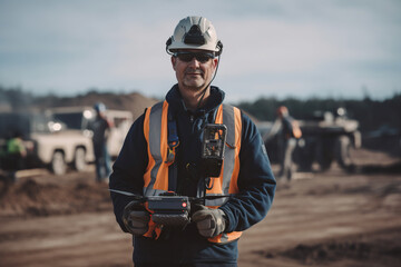 Confident bearded man in safety helmet and goggles operating quadcopter, Generative AI