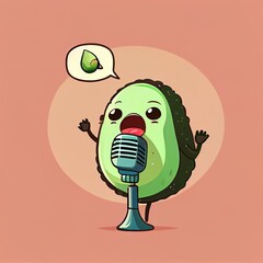 Wall Mural - cute avocado cartoon character singing into the microphone, cartoon style, modern simple illustration, created with generative ai