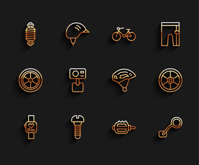 Wall Mural - Set line Smart watch, Metallic screw, Bicycle suspension, pedal, rear view mirror, Action extreme camera, wheel and helmet icon. Vector