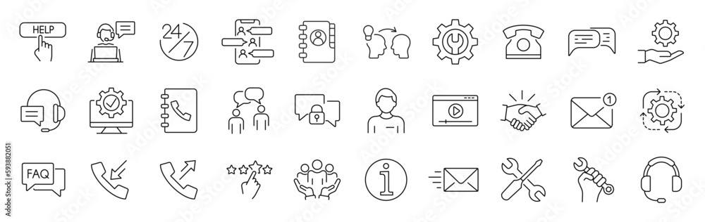 Set of 30 Contact us, support and Help icons in line style. Outline ...