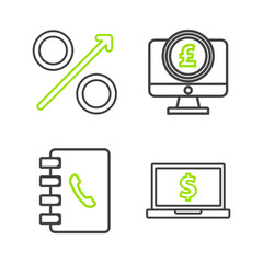 Poster - Set line Laptop with dollar symbol, Address book, Computer monitor pound sterling and Percent up arrow icon. Vector