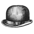 Sketch ink graphic bowler, round hat illustration, draft silhouette drawing, black on white line art. Gentleman vintage etching design