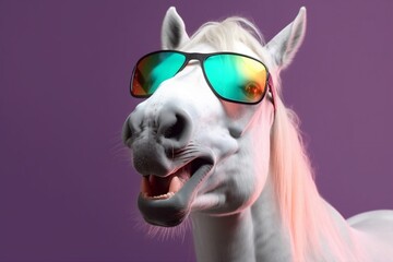 Wall Mural - portrait horse fun background animal goggles colourful sunglasses dark funny smile. Generative AI.