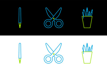 Poster - Set line Pencil case stationery, and Scissors icon. Vector