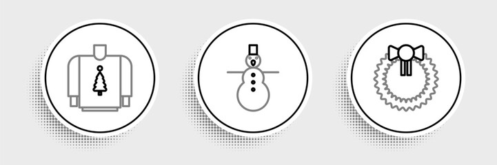 Poster - Set line Christmas wreath, sweater and snowman icon. Vector